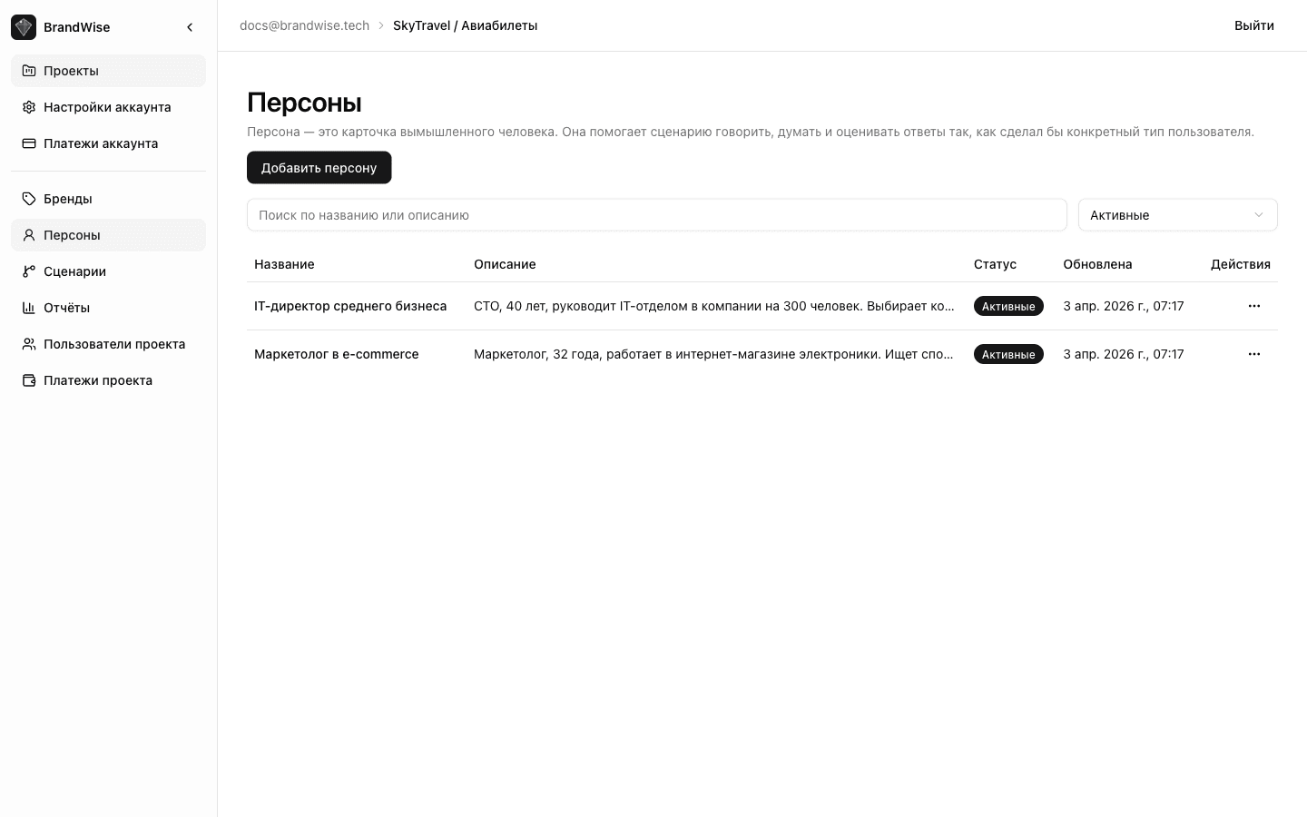 Список персон проекта — карточки с именем и описанием