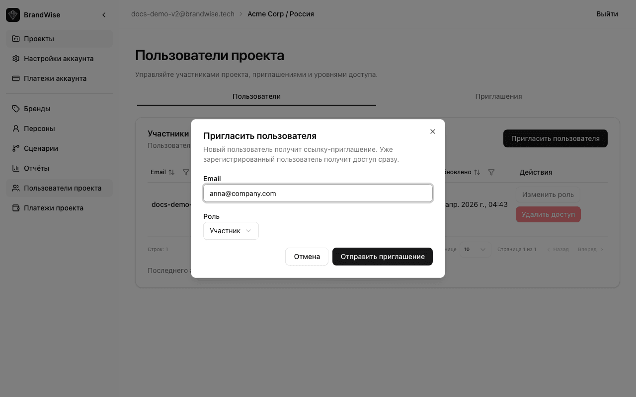 Диалог приглашения пользователя — поле email и выбор роли